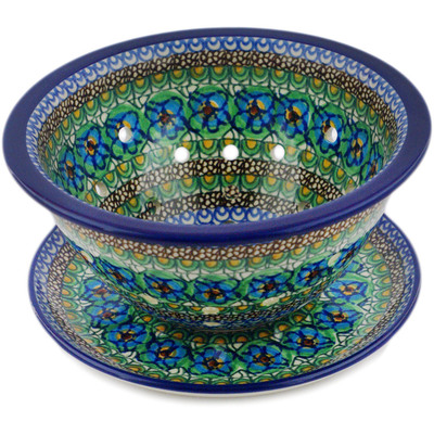 Polish Pottery Colander with Plate 8&quot; Mardi Gras UNIKAT