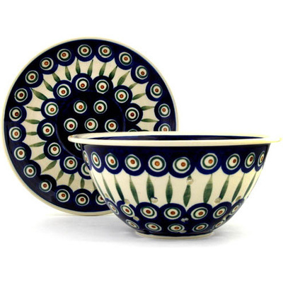 Polish Pottery Colander with Plate 8&quot; Peacock Leaves