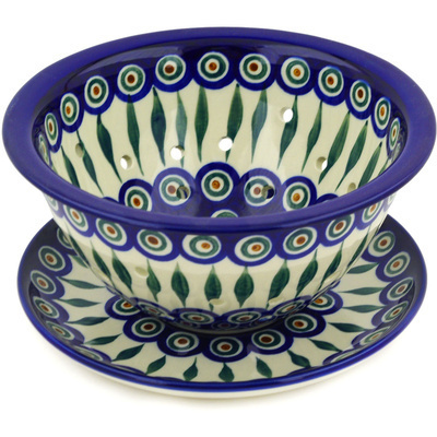 Polish Pottery Colander with Plate 8&quot; Peacock Leaves