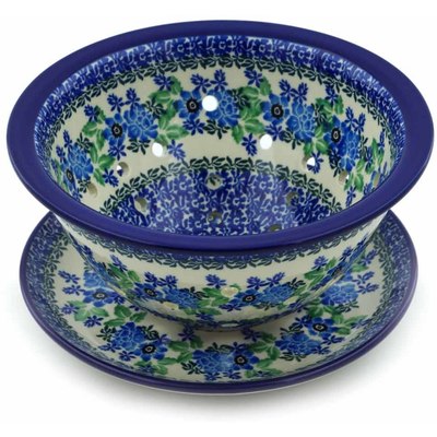 Polish Pottery Colander with Plate 8&quot; Pretty In Blue