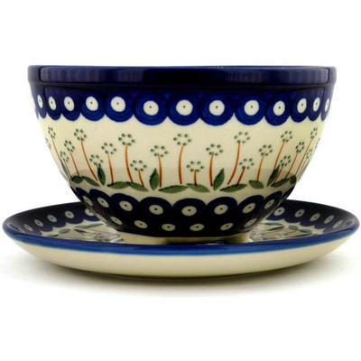 Polish Pottery Colander with Plate 8&quot; Pushing Daisy Peacock