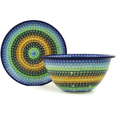 Polish Pottery Colander with Plate 8&quot; Rainbow Swirl