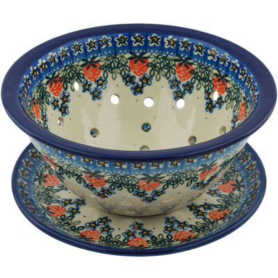 Polish Pottery Colander with Plate 8&quot; Strawberry Fever