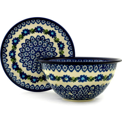 Polish Pottery Colander with Plate 8&quot; Triangle Peacock