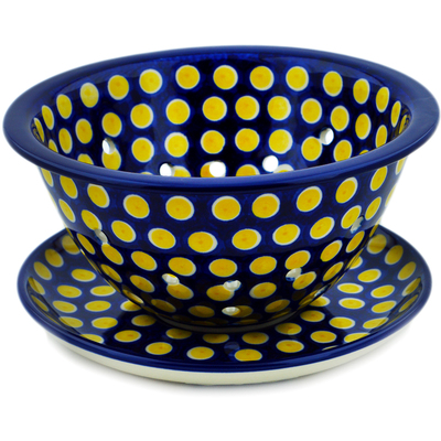 Polish Pottery Colander with Plate 8&quot; Yellow Dots