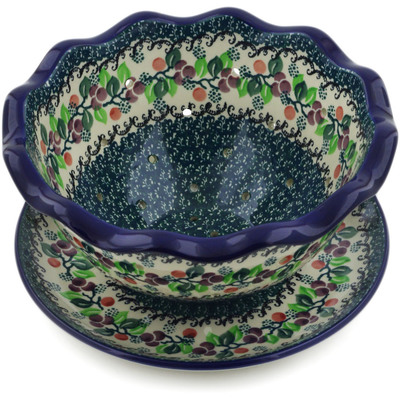Polish Pottery Colander with Plate 9&quot; Berry Garland