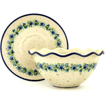 Polish Pottery Colander with Plate 9&quot; Blue Bell Wreath