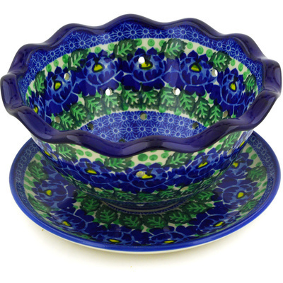 Polish Pottery Colander with Plate 9&quot; Blue Bliss