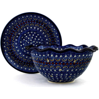 Polish Pottery Colander with Plate 9&quot; Blue Horizons