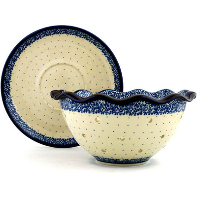 Polish Pottery Colander with Plate 9&quot; Blue Polka Dot