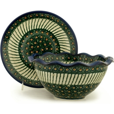 Polish Pottery Colander with Plate 9&quot; Emerald Peacock