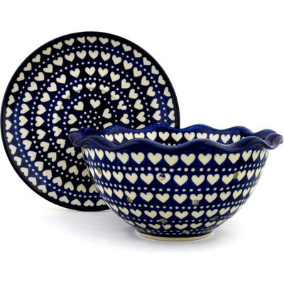 Polish Pottery Colander with Plate 9&quot; Heart To Heart