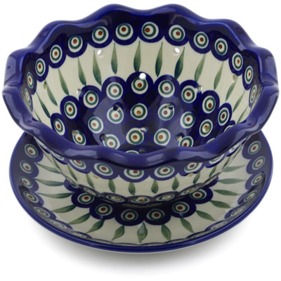 Polish Pottery Colander with Plate 9&quot; Peacock Leaves