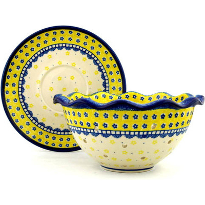 Polish Pottery Colander with Plate 9&quot; Sunshine Daisies