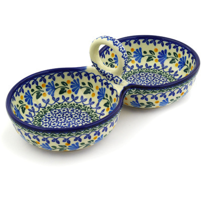 Polish Pottery Condiment Dish 10&quot; Blue Fan Flowers