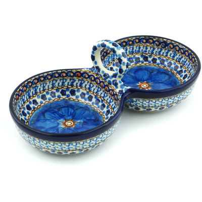 Polish Pottery Condiment Dish 10&quot; Blue Poppies UNIKAT