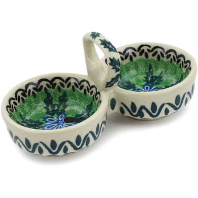Polish Pottery Condiment Dish 5&quot; Blue Holly Flowers UNIKAT