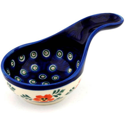 Polish Pottery Condiment Dish 5&quot; Poinsetia Peacock