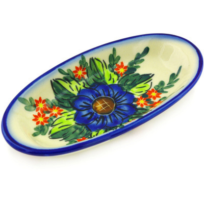 Polish Pottery Condiment Dish 6&quot; Blue Bouquet UNIKAT