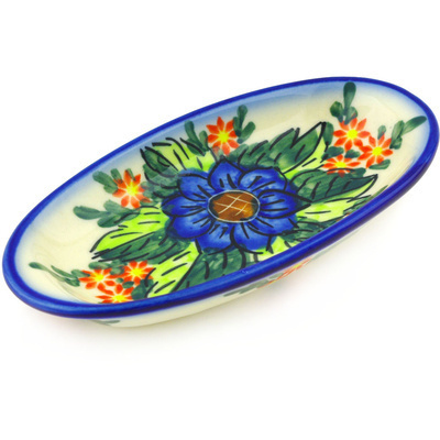 Polish Pottery Condiment Dish 6&quot; Blue Bouquet UNIKAT