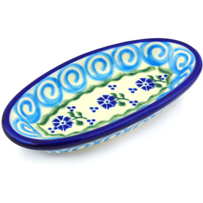 Polish Pottery Condiment Dish 6&quot; Blue Bursts