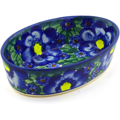 Polish Pottery Condiment Dish 6&quot; Blue Daisies UNIKAT