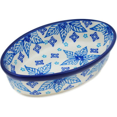 Polish Pottery Condiment Dish 6&quot; Blue Poinsettia UNIKAT