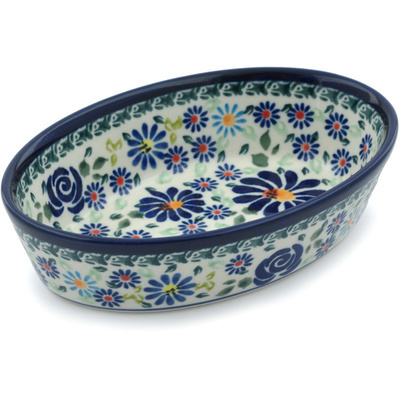 Polish Pottery Condiment Dish 6&quot; Blue Summer Garden