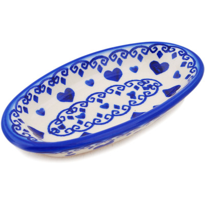 Polish Pottery Condiment Dish 6&quot; Blue Valentine Hearts