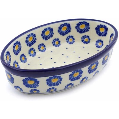 Polish Pottery Condiment Dish 6&quot; Blue Zinnia