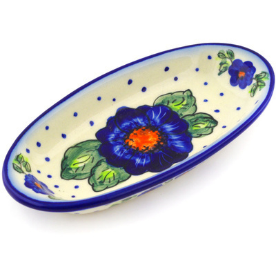Polish Pottery Condiment Dish 6&quot; Bold Blue Pansy