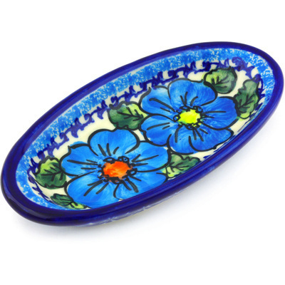 Polish Pottery Condiment Dish 6&quot; Bold Blue Poppies UNIKAT