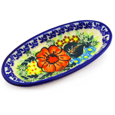 Polish Pottery Condiment Dish 6&quot; Bold Red Poppies UNIKAT