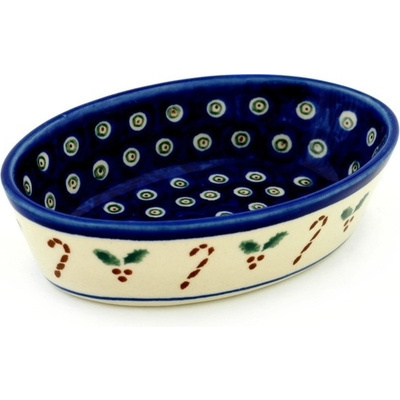 Polish Pottery Condiment Dish 6&quot; Candy Cane Peacock