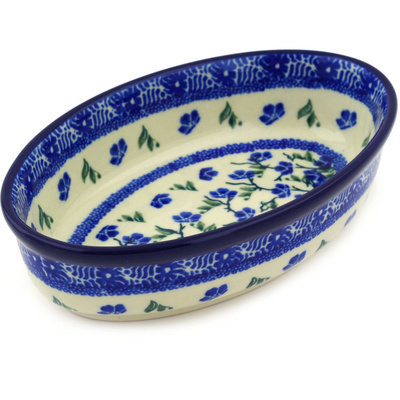 Polish Pottery Condiment Dish 6&quot; Cascading Blue Blossoms