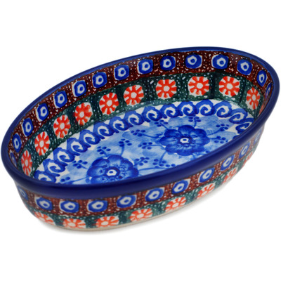 Polish Pottery Condiment Dish 6&quot; Dancing Blue Poppies UNIKAT
