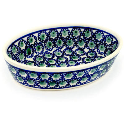 Polish Pottery Condiment Dish 6&quot; Emerald Peacock Eyes