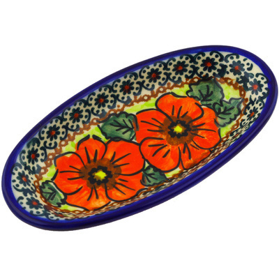 Polish Pottery Condiment Dish 6&quot; Fiery Poppies UNIKAT