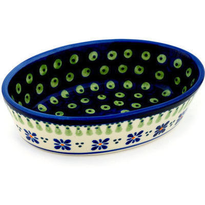 Polish Pottery Condiment Dish 6&quot; Green Gingham Peacock
