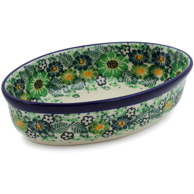 Polish Pottery Condiment Dish 6&quot; Green Wreath UNIKAT