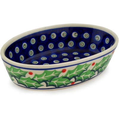 Polish Pottery Condiment Dish 6&quot; Holly Berry Wreath