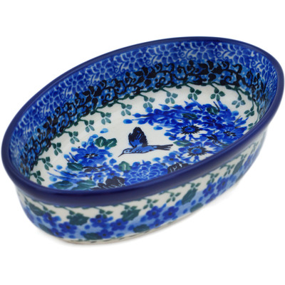 Polish Pottery Condiment Dish 6&quot; Hummingbird Blue UNIKAT
