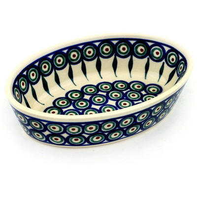 Polish Pottery Condiment Dish 6&quot; Peacock Leaves