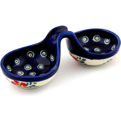 Polish Pottery Condiment Dish 6&quot; Poinsetia Peacock