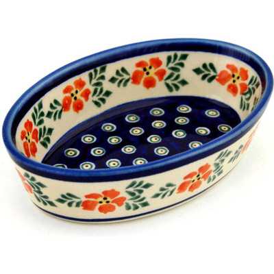 Polish Pottery Condiment Dish 6&quot; Poinsetia Peacock