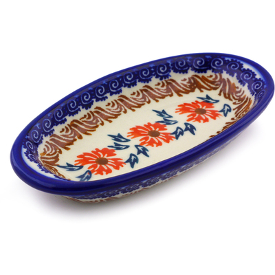 Polish Pottery Condiment Dish 6&quot; Red Cornflower