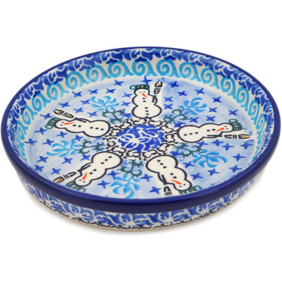 Polish Pottery Condiment Dish 6&quot; Snowmen Circle UNIKAT