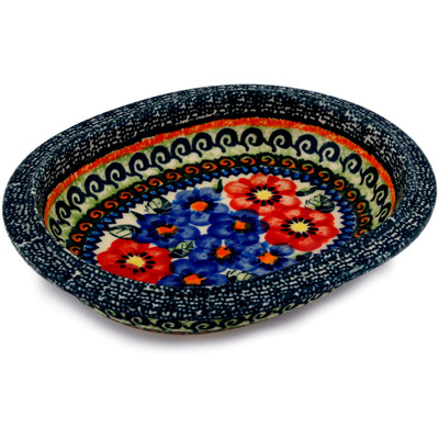 Polish Pottery Condiment Dish 7&quot; Blue And Red Poppies UNIKAT