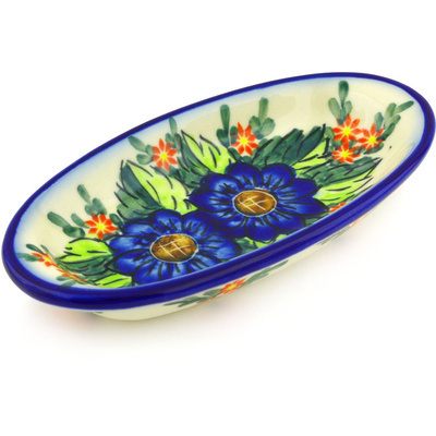 Polish Pottery Condiment Dish 7&quot; Blue Bouquet UNIKAT