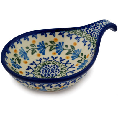 Polish Pottery Condiment Dish 7&quot; Blue Fan Flowers
